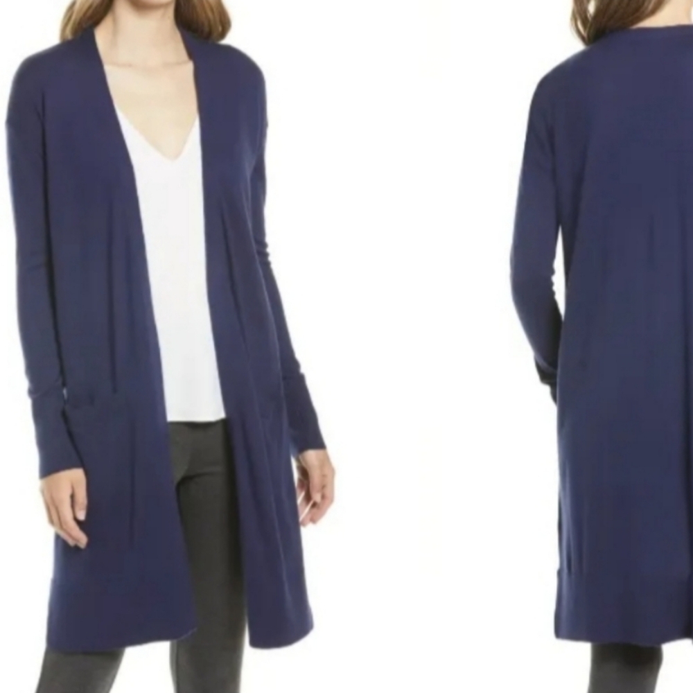 Halogen Navy Cashmere Blend Open Front Longline Lightweight Cardigan Size XS
